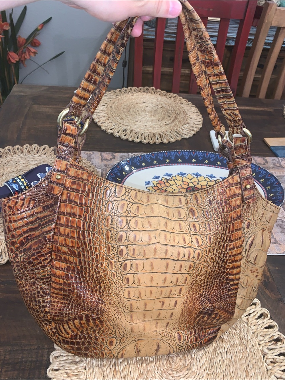 Brahmin Tan and Brown Croc-Embossed Leather Tote - Picture 6 of 12